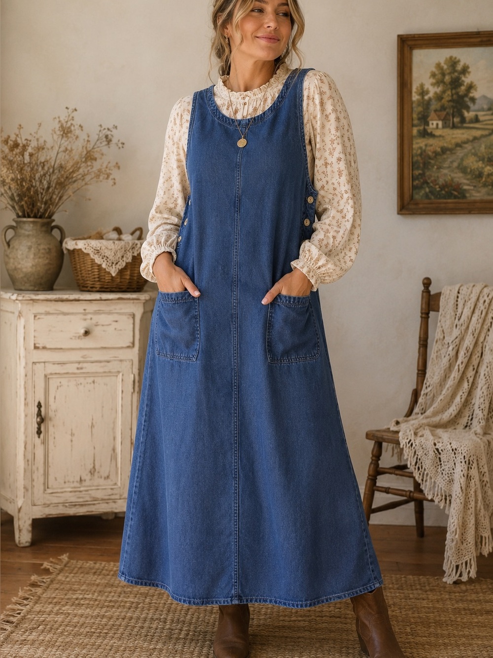 Vintage AKS Army K Su Modest Prairie Farmhouse Denim Overall Maxi Dress Size L